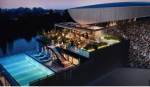 Football club Fulham FC has unveiled renders of its Populous-designed Riverside Stand at its Craven Cottage stadium in London that show a rooftop swimming pool.